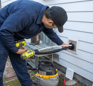 Technician cleaning clogged dryer vent Naperville