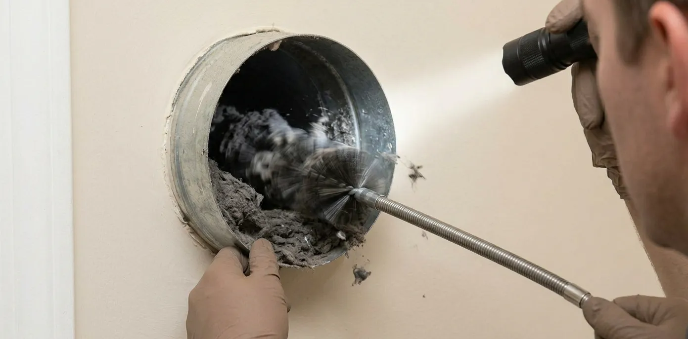 technician unclogging dryer vent duct removing debris
